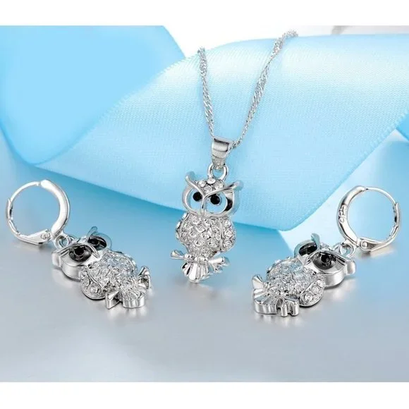 🌟 Cute Owl Animal 925 Sterling Silver Necklace And Earrings Set Gift - Picture 5 of 7